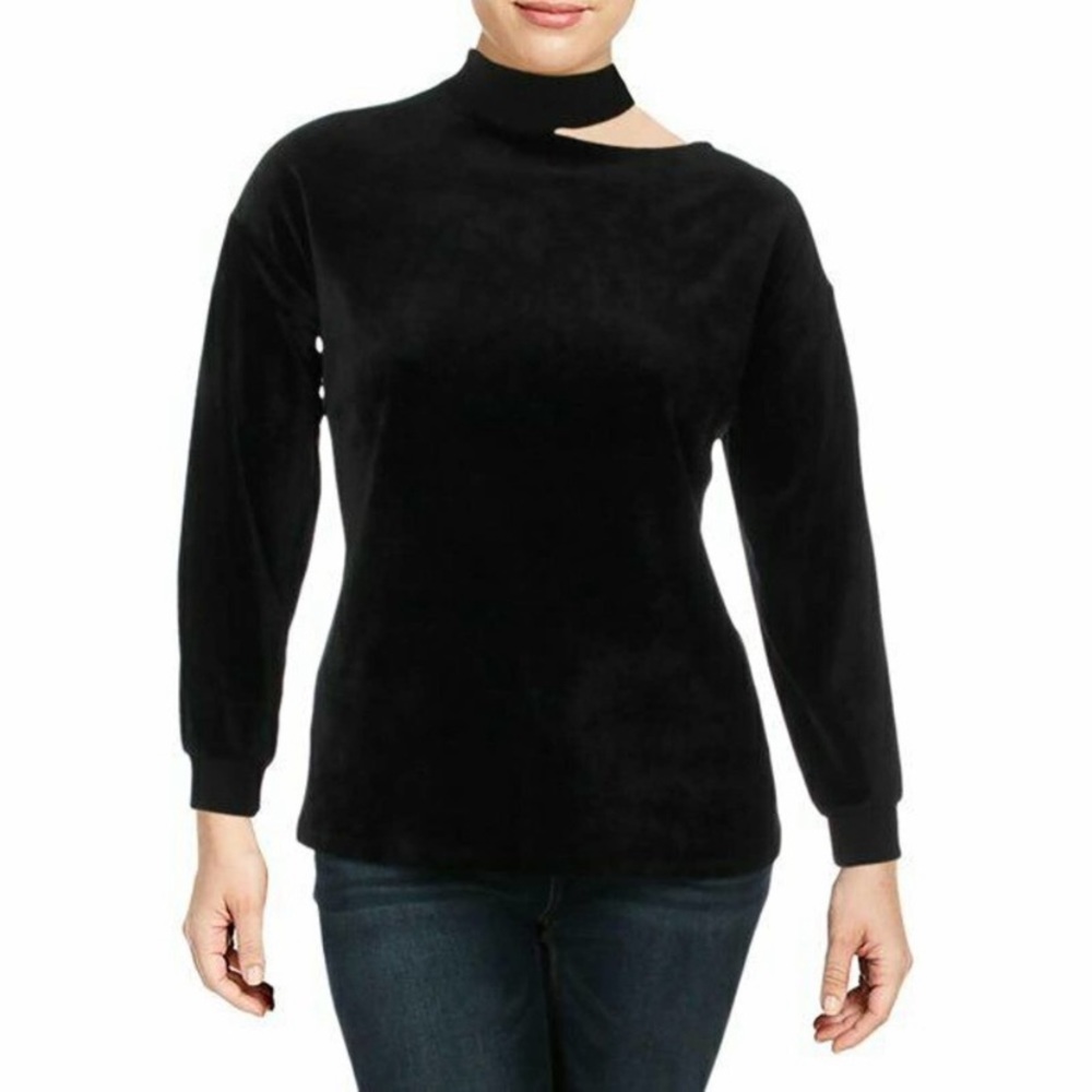 NWT Vince Camuto Black Velour Sexy Mock Cut Out Neck Long Sleeve Sweatshirt Top